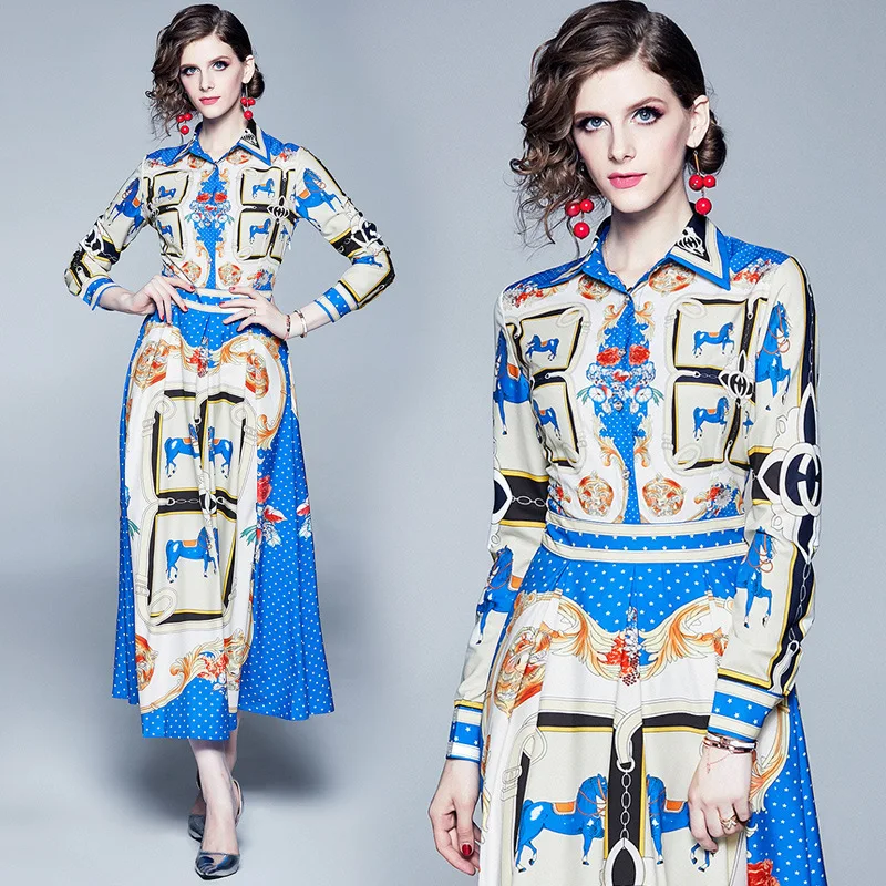 

Photo Shoot Ozhouzhan 2019 New Style WOMEN'S Dress Retro Printed Fashion Western Style Slim Fit Slimming Big Hemline Dress