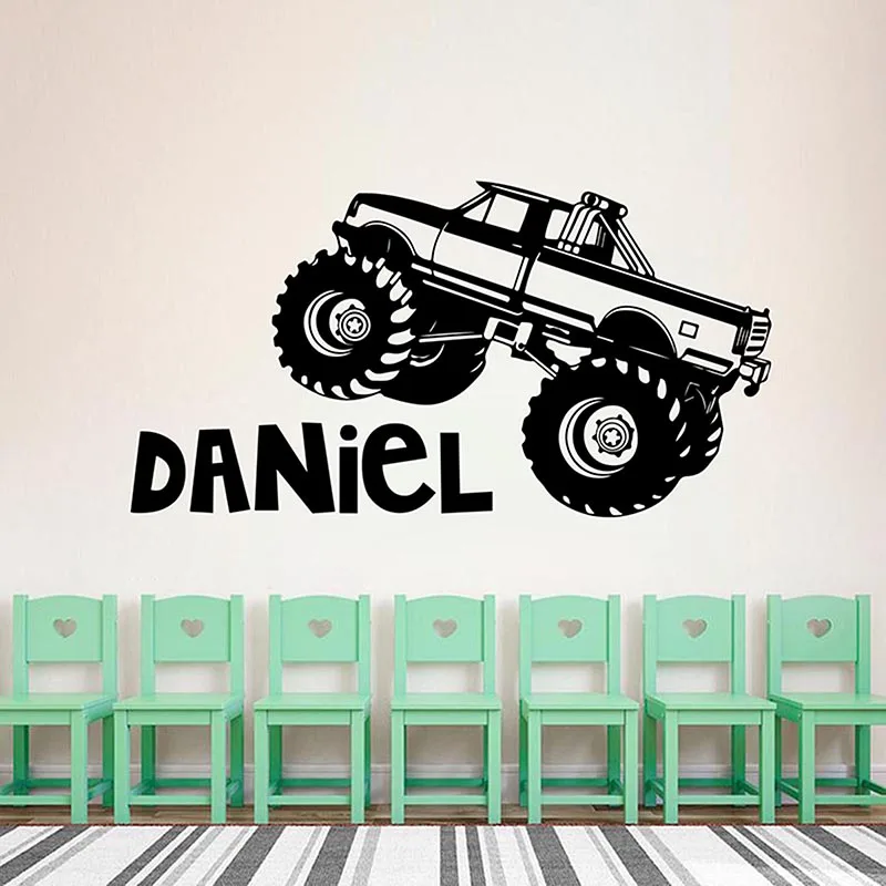 Cartoon Custom Name Monster Truck Car Wall Sticker Boy Room Playroom Personalized Name Monster Car Vehicle Wall Decal Bedroom (2)
