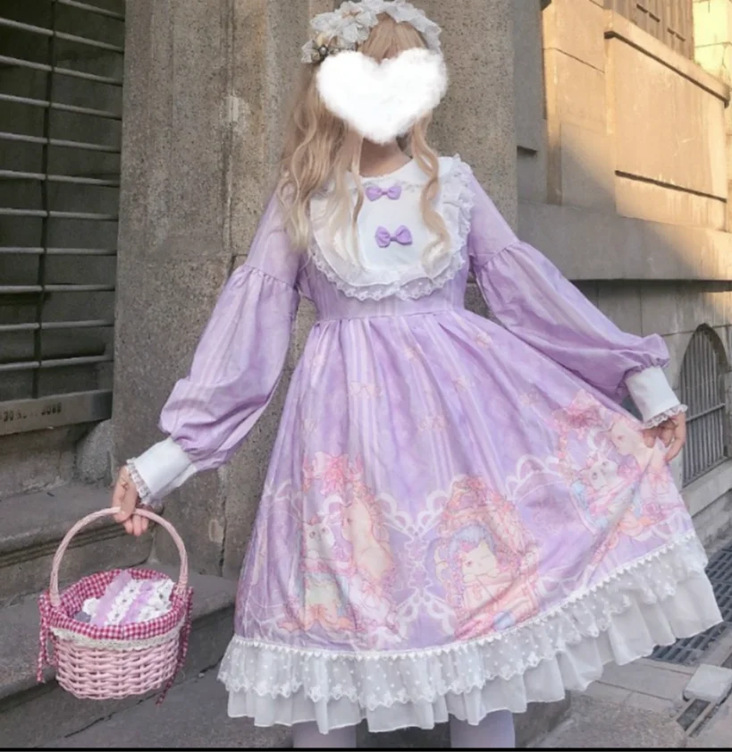 Фиолетовый Милое милое платье с высокой талией и кружевными оборками; Vestidos; платье с бантом в стиле Лолиты; платье с круглым отложным воротником; винтажное платье принцессы kawaii - Цвет: Фиолетовый