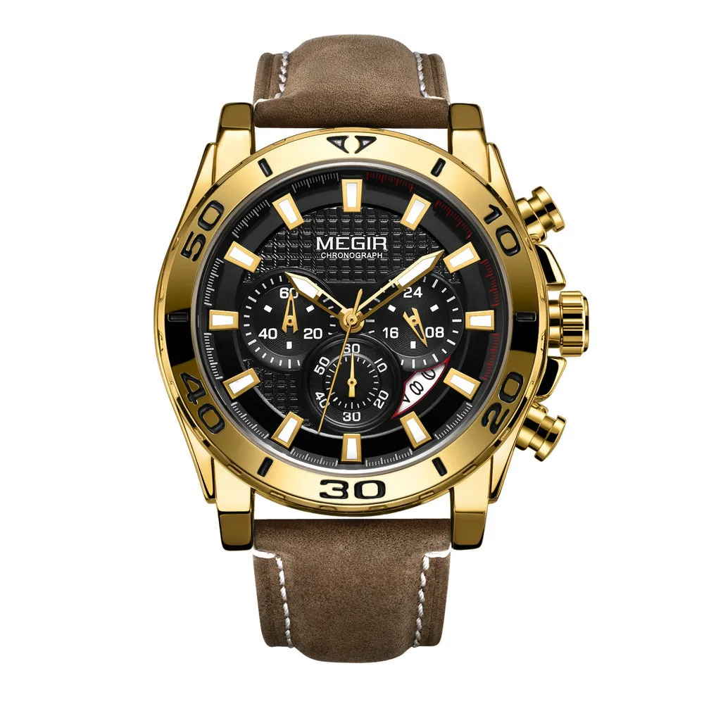 MEGIR Meigel ML2094G новые спортивные трендовые многофункциональные кварцевые мужские часы с кожаным ремешком и тремя глазами