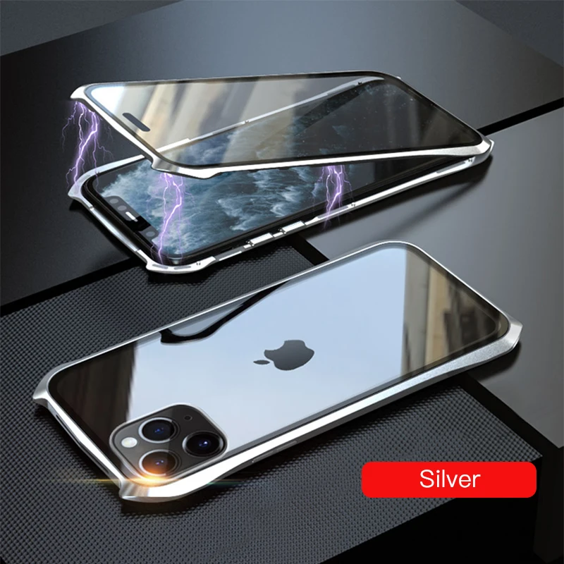 LUPHIE двусторонний стеклянный Магнитный чехол для iPhone 11 Pro Max стеклянный чехол Прозрачный чехол для iPhone 11 Pro Max магнитный металлический чехол s - Цвет: Silver