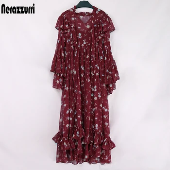 

Nerazzurri Runway dress women spring 2020 Vintage plus size ruffle midi floral print dress pleated loose long dresses for women