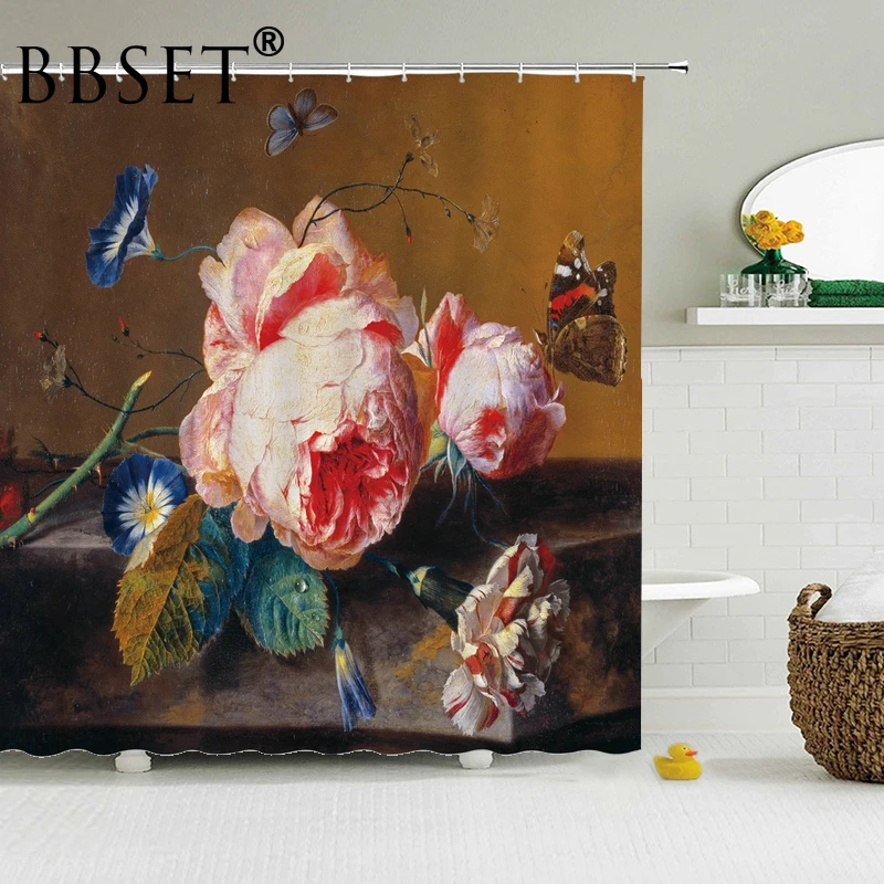 Floral Theme Shower Curtain Butterfly Stay on Pink Flowers Pattern Waterproof Multi-size Douchegordijn Bathroom Decor with Hooks | Дом и сад
