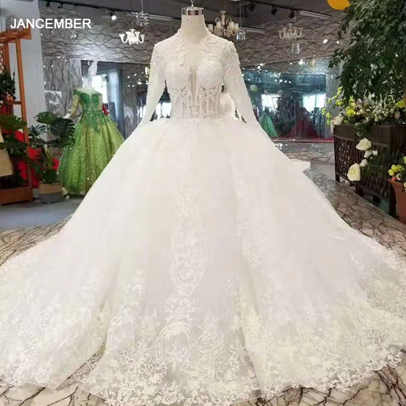Женское свадебное платье с длинным шлейфом LSS220 Белое Бальное глубоким V образным