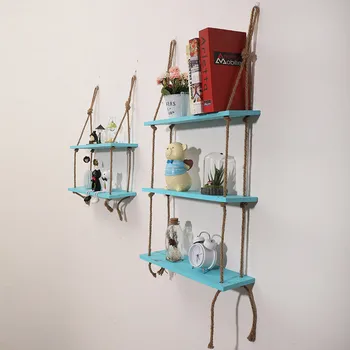 

Nordic 3-Layer Wooden Hanging Storage Holders Creative Wall Mounted Shelf Linen Rope Living Room Bar Ornament Decoration Shelf