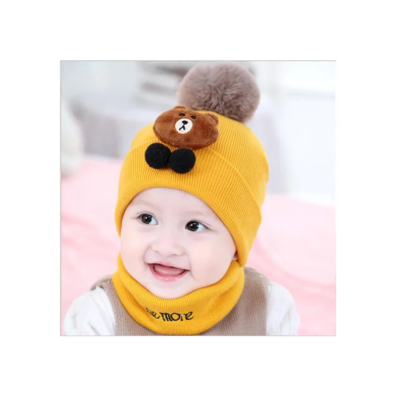 Yellow hat scarf Новая детская шапка, шарф, осенняя и зимняя вязаная шапка в Корейском стиле для новорожденных мальчиков и девочек, шапка с помпонами, зимняя теплая шапка b - Цвет: Yellow hat scarf