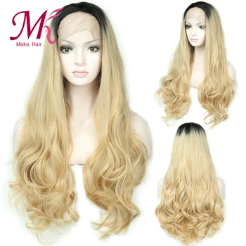 

Moko Ombre Grey Color Pre Plucked Lace front Synthetic Hair Wigs Long Water Wavy Wig Heat Resistatn Fiber With Baby Hair