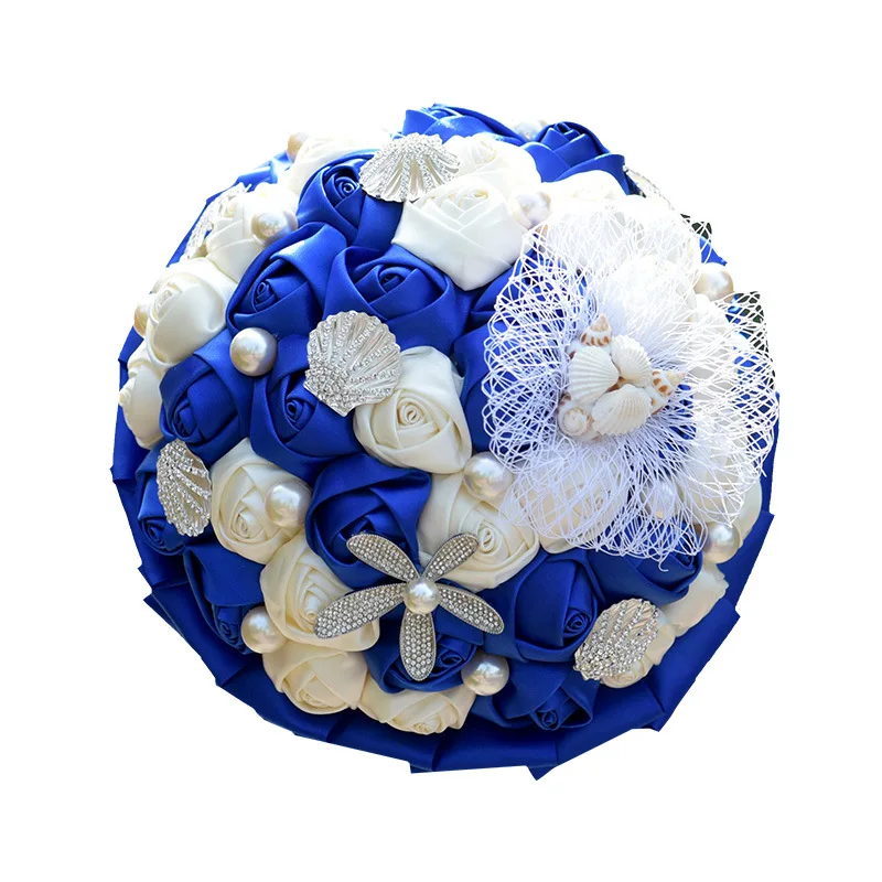 Royal Blue JaneVini пляж Королевский синий свадебный букет для невесты Оболочка жемчуга атласные розы горный хрусталь кружева Свадебный букет Trouwboeket - Цвет: Royal Blue