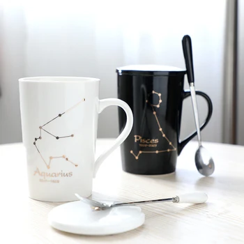 

Ceramic Mugs 12 Constellations Creative Mugs with Spoon Lid Black and Gold Porcelain Zodiac Milk Coffee Cup Drinkware
