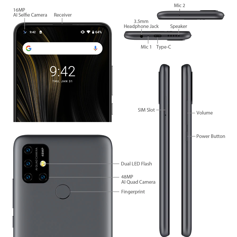 UMIDIGI Power 3 Android 10.0 Phone Global Version RAM 4GB ROM 64GB Octa Core 48MP Cam LTE 4G Dual SIM Smartphone Fingerprint NFC