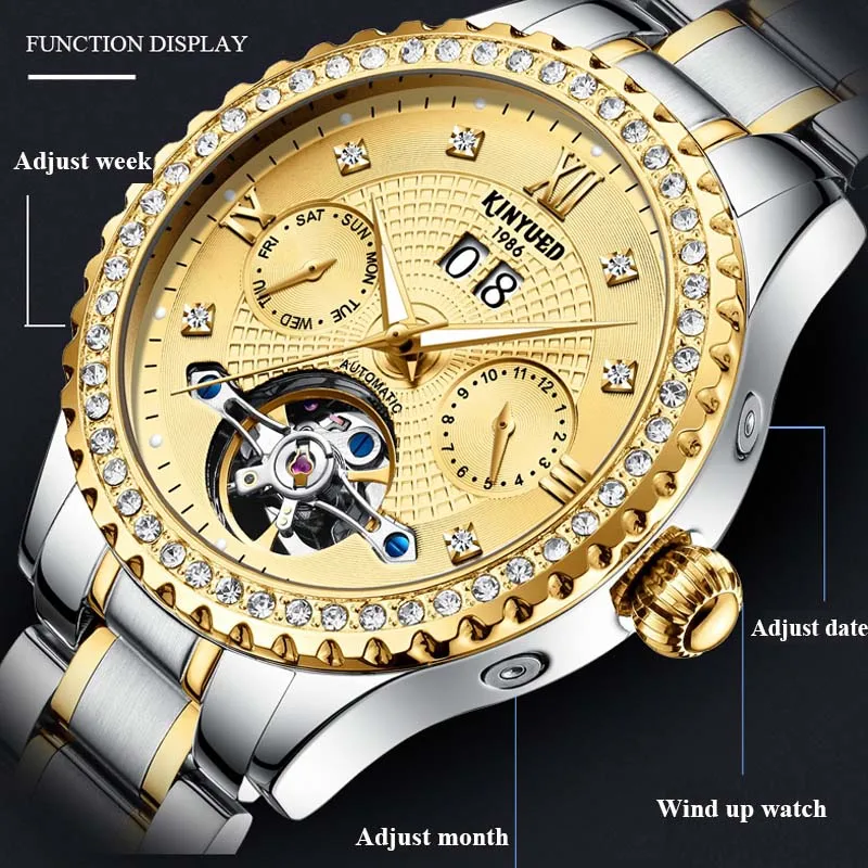  Top Brand Luxury Kinyued Mens Automatic Mechanical Watches Gold Black Tourbillon Watch Men Auto Dat