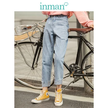 

INMA 2020 Spring New Arrival personality Ripped Irregular Slim Women Jeans