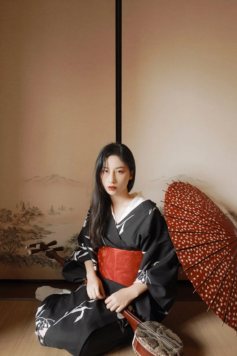 Черное женское японское традиционное кимоно юката с цветком Obi винтажное вечернее платье карнавальный костюм один размер FF2320