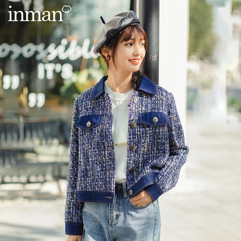 

INMAN 2020 Spring New Arrival Fashion Turn Down Color Office Lady Single Breasted Weave Color Patch Women Elegant Coat