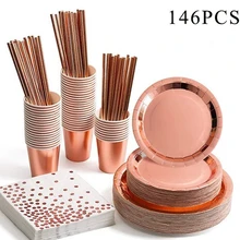 

NEW TY 146 Pcs Disposable Party Tableware Rose Gold Champagne Paper Cup Plate Straws Birthday Party Festive Decor Wedding