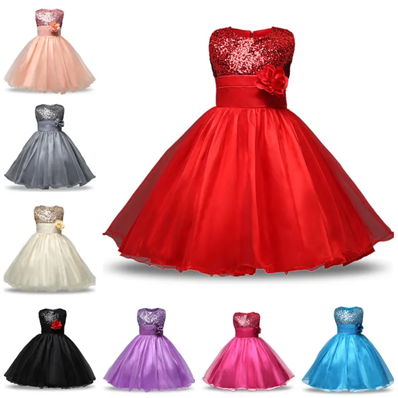 Детские платья с блестками и цветами для девочек; От 0 до 12 лет платье для маленьких девочек на день рождения; Вечерние платья на Рождество и год для девочек-подростков; Vestidos