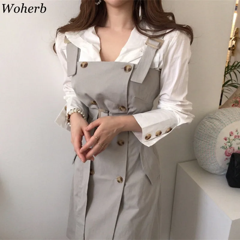 

Woherb Women Dress 2020 Korean Elegant Fashion Clothes Vintage Double Breasted Sashes Vestidos Strap Slim Waist Dresses 92570