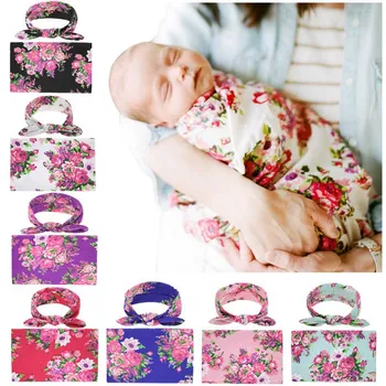 

2Pcs/Set Baby Swaddle Blanket With Headband Set Newborn Floral Printed Wrap Cotton Swaddling Bag Sack Bedding