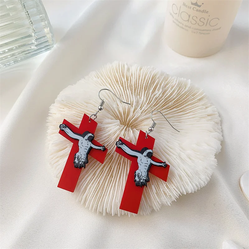 Cross Jesus Acrylic Earrings Exaggerated Big Red Dangle Earrings Women Men Night Club Street Party Jewelry