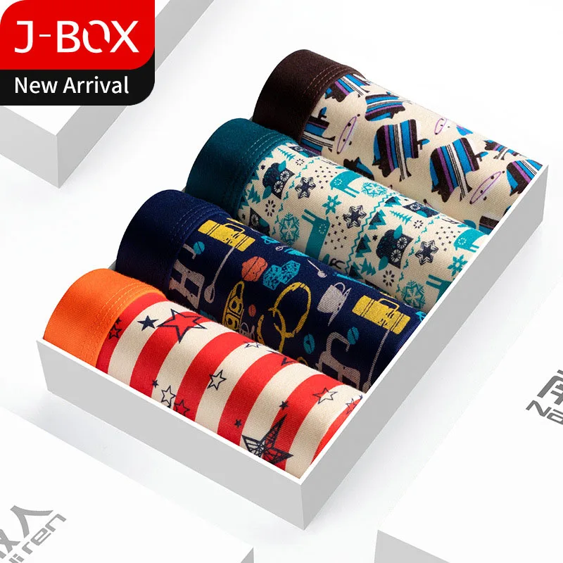 

J-BOX 4PCS/Lot Men Sexy Underwear 2019 Designer Cotton Boxers Underpants Antibacterial Patterned Male Plus Size Shorts Panties