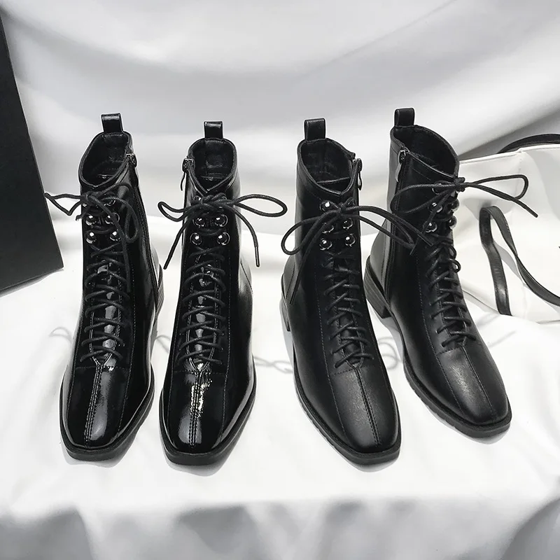 

Women's Short Boot Chunky Heel Lace Up Boots Zipper Booties Ladies Autumn Shoes Bootee Woman 2019 Rivets Low Heels booties