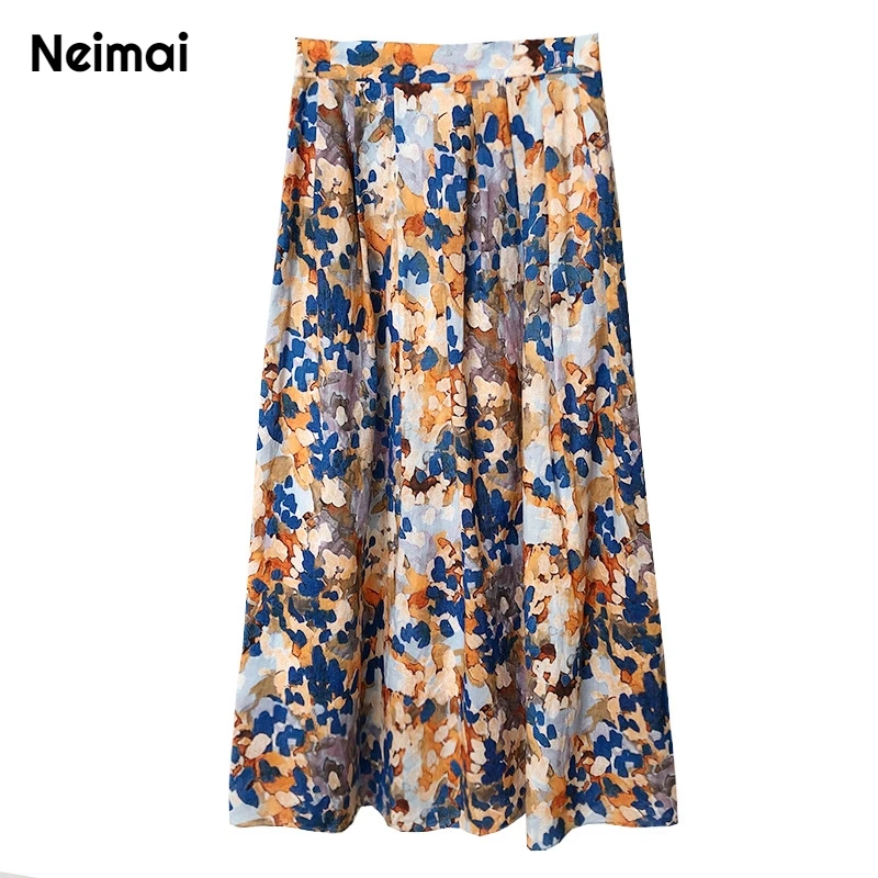 

Autumn 2019 Skirts Womens Cotton Boho Runway Midi Calf Painting High Waist a Line Street Floral Casual Loose Ladies Skirt Wild