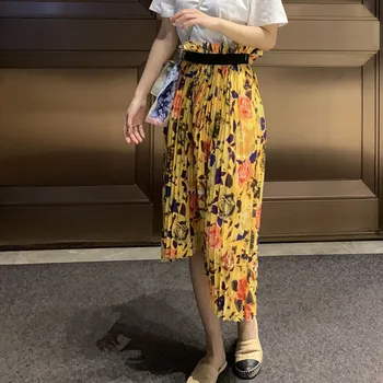 

Yellow Asymmetric Women Pleated Midi Skirt Flowers Printed Ladies Wild Stylish Skirts Elastic Waist Clothing Early Spring