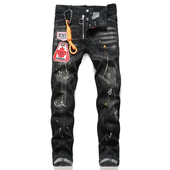 

European Italy Black men Fashion Brand jeans pants Men slim jeans patchwork letter Moto & Biker jeans pants black hole jeans