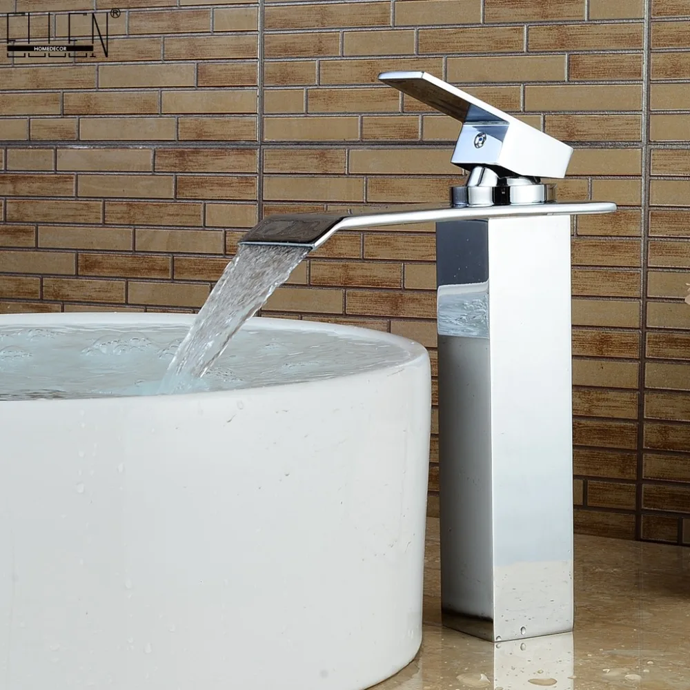 

Vidric Square Tall Bathroom Faucet Deck Mounted Waterfall Hot Cold Water Crane Single Hole Chrome Single Handle Faucets ELF504
