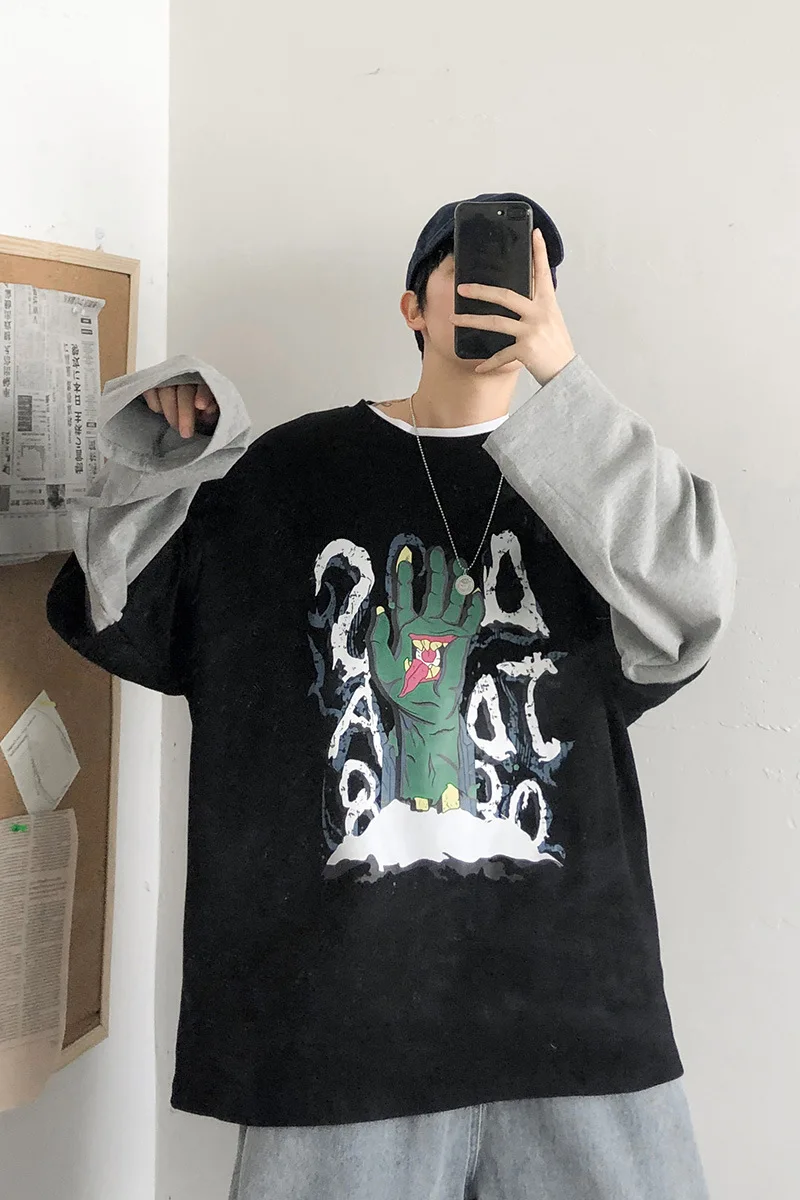 Autumn New Casual Cotton Men's Long-Sleeved T-shirt Korean Youth round Neck Loose Top | Мужская одежда