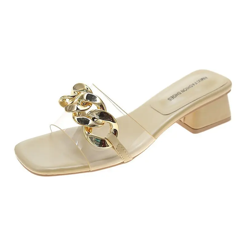 

Мюли женские прозрачные с металлической цепочкой, сланцы, квадратный каблук средней высоты, шлепанцы, летняя обувь