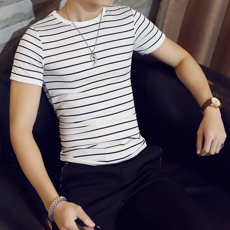 Hot Seller Summer Stripe T-shirt Men's Fashion O-neck Short Sleeve T Shirt Men Clothing Trend Casual Slim Fit Top Tees |