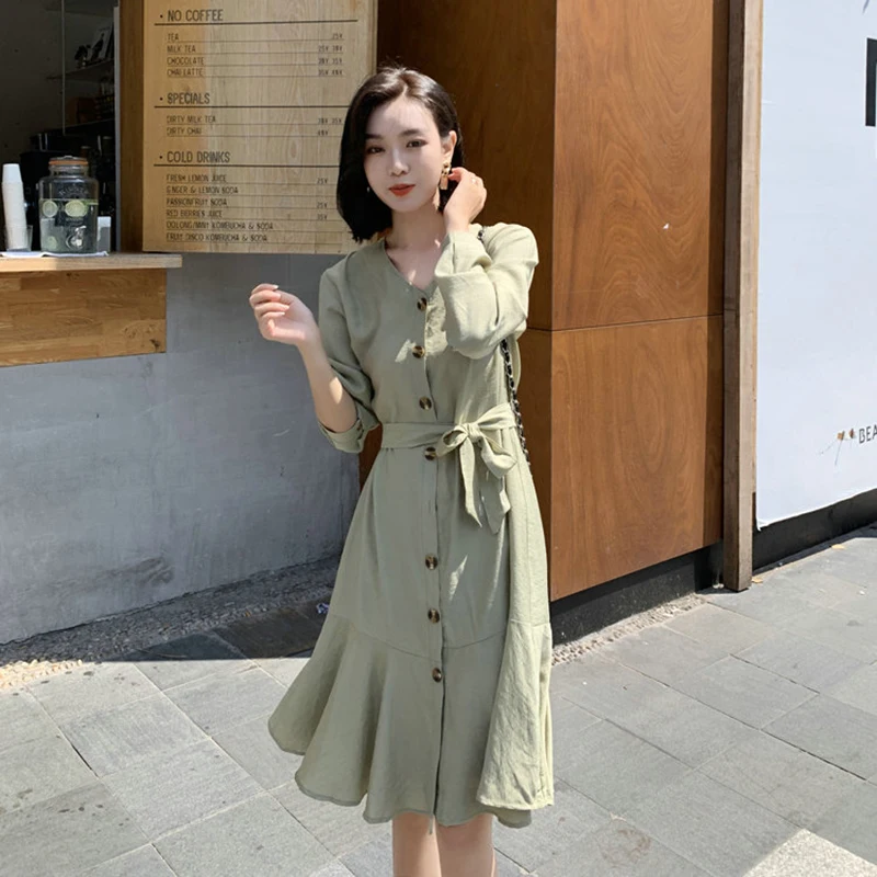 

Vintage Women Dresses Loose Button V-neck Full Sleeve Office Ladies Dress Korean Style Streetwear Female Autumn Vestidos 2019