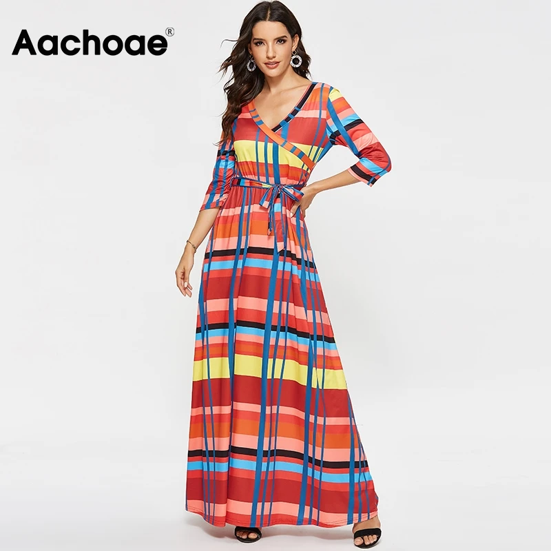 

Women Casual Maxi Dresses 2020 Spring V Neck Long Striped Bohemian Dress Female Half Sleeve Fashion Bandage Dress Vestidos