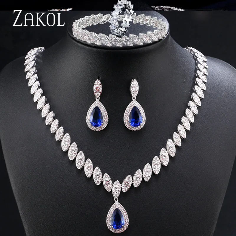 Blue ZAKOL 4 шт. Блестящий кубический циркон ожерелье серьги кольцо и браслет свадебные ювелирные наборы Аксессуары для платья FSSP3147 - Окраска металла: Blue