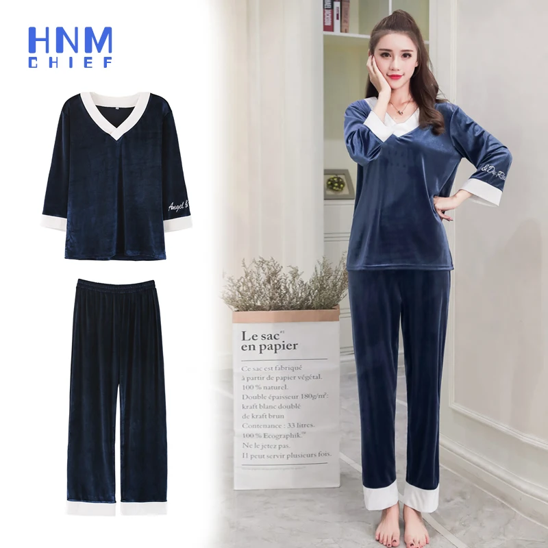 

HNMCHIEF Blue Women Pajama Sets Autumn Winter Sleepwear Female Pyjamas Suit Warm Homewear Gold Velvet Long Sleeve Girl Sleepwear