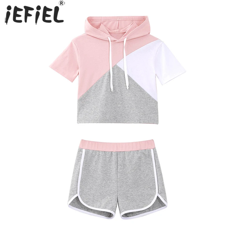 

Kids Girls Clothes Set Summer Sport Suit Short Sleeve Hooded Patchwork Tops Sports Shorts Children Clothing For Girls Outfit