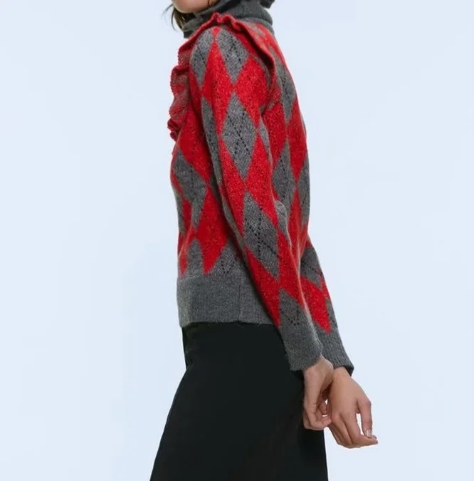 Осень, женский свитер с длинным рукавом и воротником, ламинированный декоративный трикотаж со стразами 03597101802