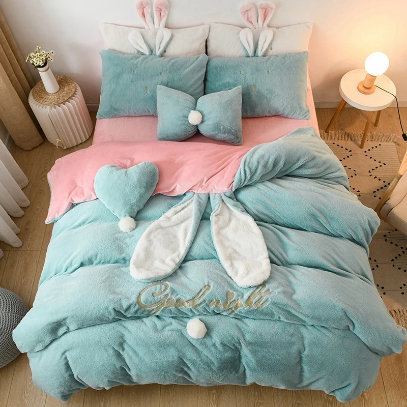 

Cute Rabbit Ear Blue Pink White Yellow Fleece Fabric Winter Girl Bedding Set Soft Velvet Duvet Cover Bed sheet/Linen Pillowcases
