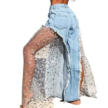 

Women Casual Five-Pointed Star Mesh Patchwork Wide Leg Pants Jeans Trousers Star Mesh Patchwork Wide Leg Pants Jeans Trousers
