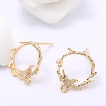 

4PCS 13x15MM Hole 1MM 24K Gold Color Brass Round with Bird Stud Earrings High Quality Diy Jewelry Findings Accessories
