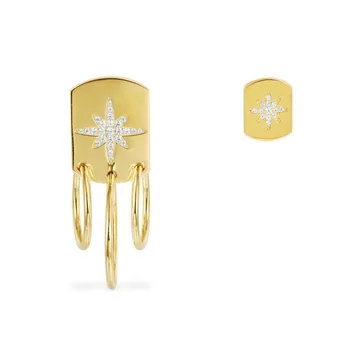 

SLJELY High Quality Luxury 925 Sterling Silver Yellow Gold Color Asymmetry Rectangle Paved Star Earrings with Hoops for Women