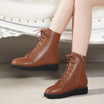 

2020 New Wedges High Heeled Platform Women's Genuine Cow Leather Boots Lace Up Plus Size Motorcycle Boots Shoes X0112