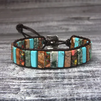 

Boho style women Bracelet Mix Natural Stone Tube Shape Leather Wrap Bracelet Beads Female Jewelry Dropshipping