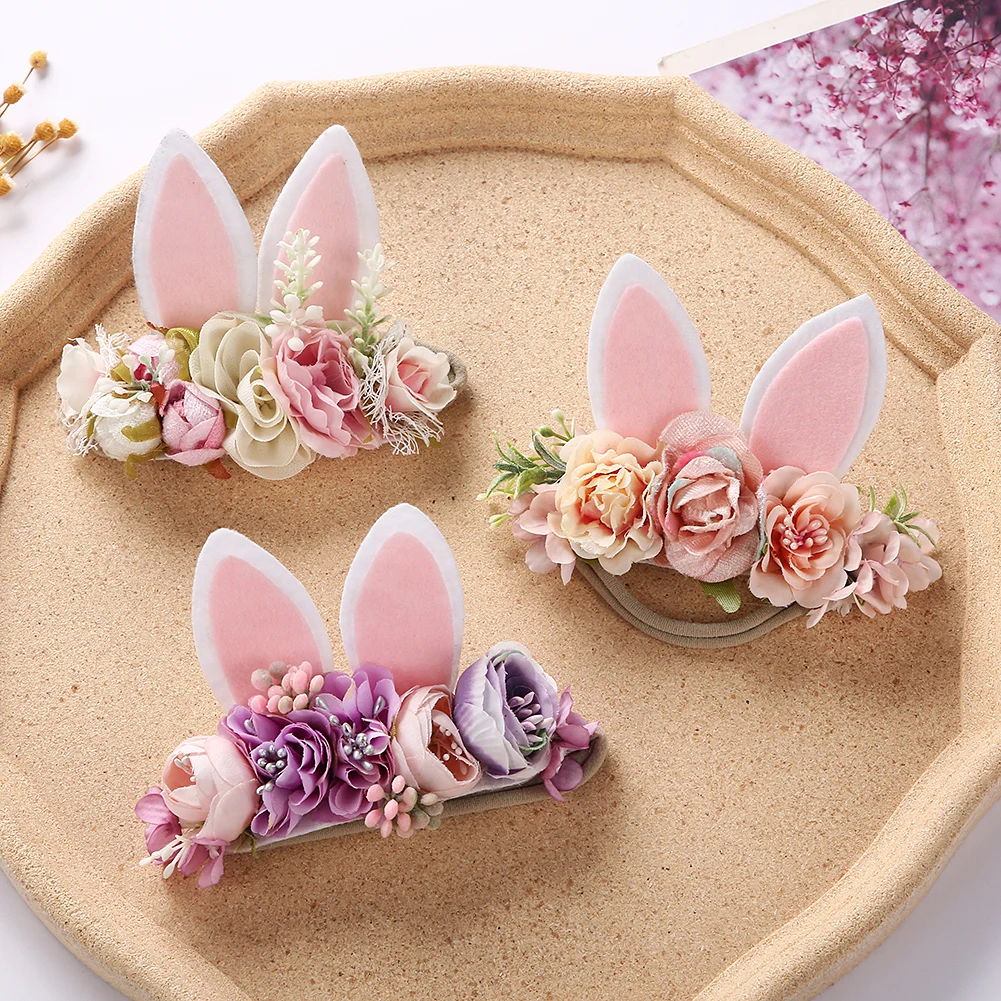 Easter Day Baby Headband Rabbit Ear Newborn Photography Props Boy Girl Nylon Hair Bands Artificial Flower Festival Headwrap 3 4pcs artificial flower headband set for baby girls floral hair bands newborn toddler elastic nylon kids headwear accessories