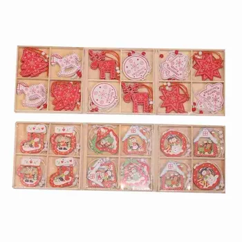 

12pcs/set Christmas Painted Wooden Pendant Christmas Decorations Mini Christmas Tree Painted Wooden Car House Decoration Pendant