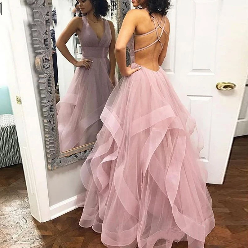 Sexy Pink Long Ruffled Floor Length Tulle V Neck Prom Dress Evening Gown Cross Back Tiered Backless Pleat Party Dress