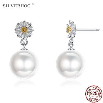 

SILVERHOO 925 Sterling Silver Little Daisy Drop Earrings For Women Elegant Pearl Earrings Famale Engagement Party Trendy Jewelry