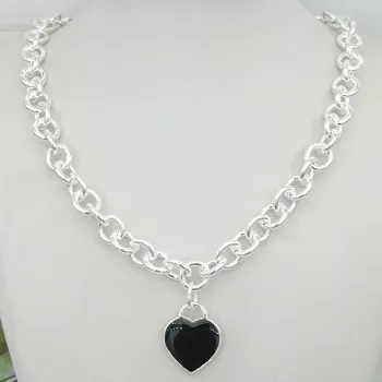 

Sterling silver 925 classic fashion black heart pendant ladies necklace jewelry holiday gift