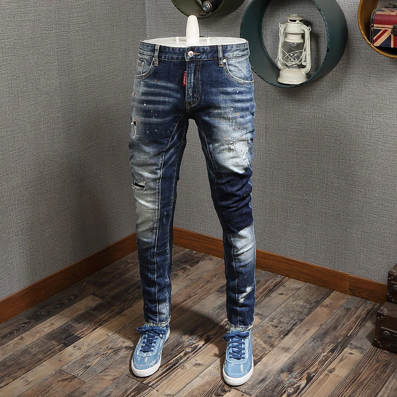Fashion Streetwear Men Jeans Retro Blue Wash Spliced Designer Ripped Jeans Men Baggy Pants Slim Fit Elastic Hip Hop Jeans Homme Fashion Streetwear Men Jeans Retro Blue Wash Spliced Designer Ripped Jeans Men Baggy Pants Slim Fit Elastic Hip Hop Jeans Homme